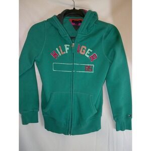 Vintage Tommy Hilfiger Girls Teal Green Zip Up Hoodie Logo '85 Size L 12-14